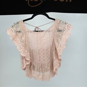 Women’s Altar'd State Blush Pink Lace Blouse‎ Cropped Coquette Feminine Flowy